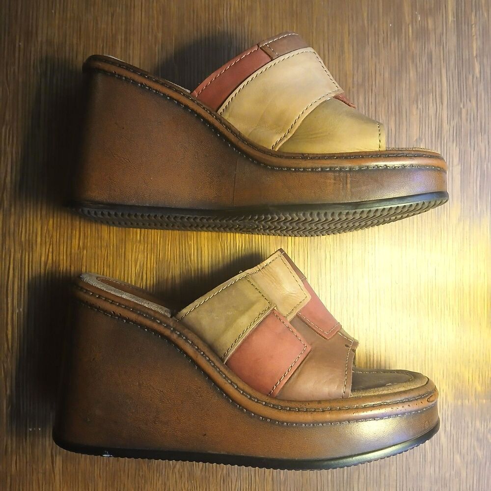 Vintage 90s Candie's Patchwork Leather Wedge Mules Chunky Platform Sandals Sz 7